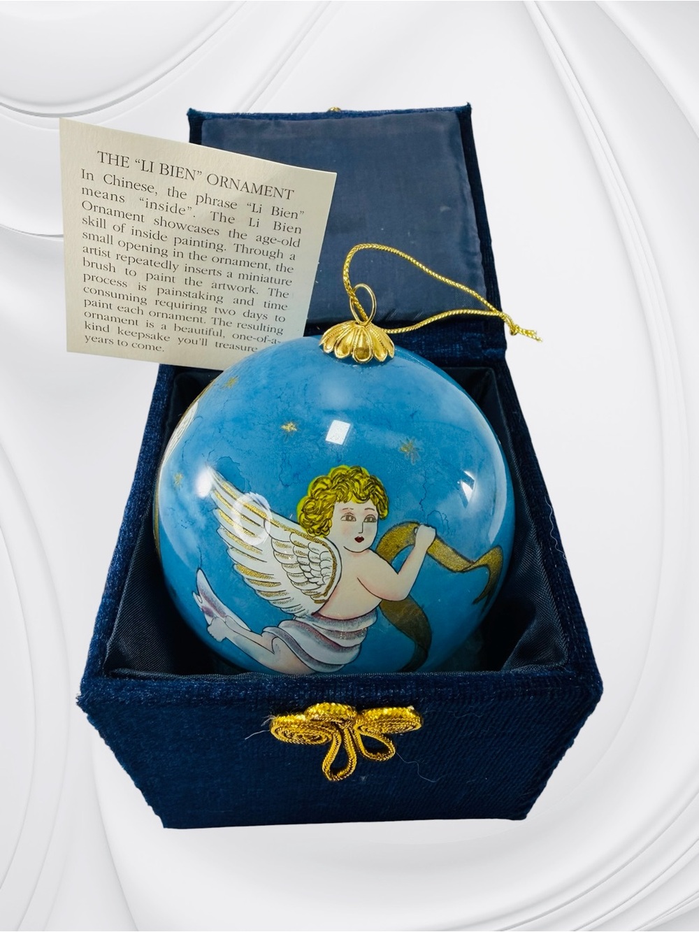 Pier 1 Imports Li Bien Christmas Ornament 2001 Angel Cupid Joyeux Noel Blue Gold
